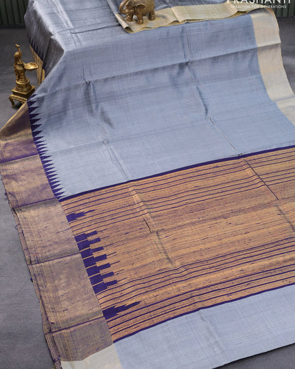 Pure dupion silk saree grey and navy blue with plain body and temple design zari woven border