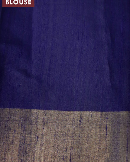 Pure dupion silk saree grey and navy blue with plain body and temple design zari woven border