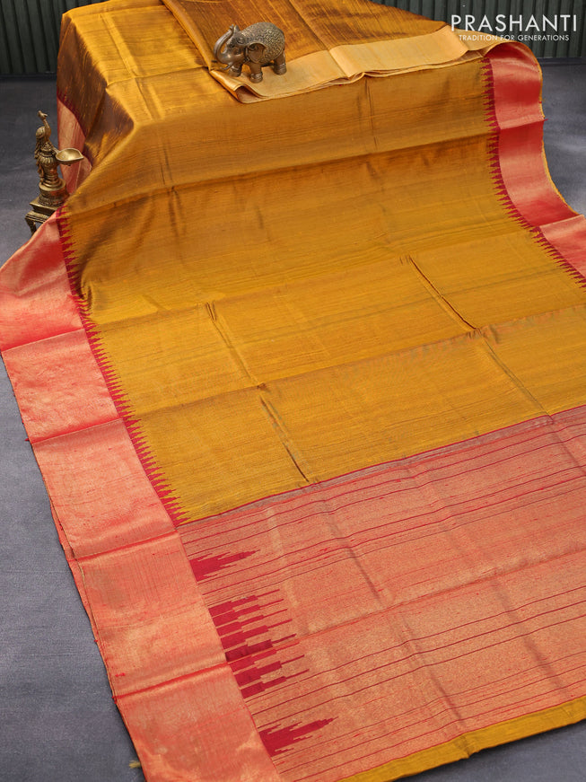 Pure dupion silk saree dark mustard and red with plain body and temple design zari woven border