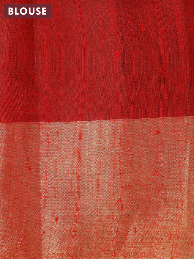 Pure dupion silk saree dark mustard and red with plain body and temple design zari woven border