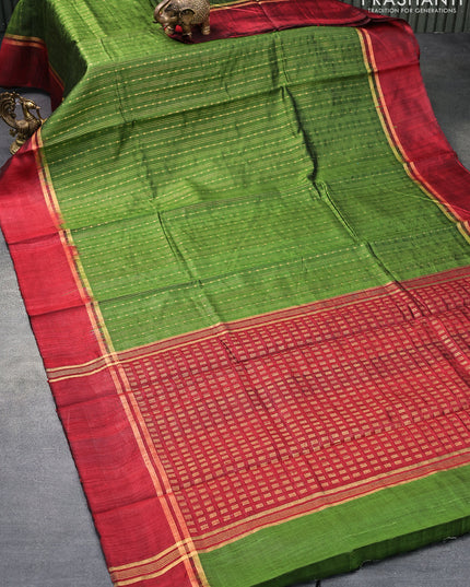 Pure dupion silk saree green and maroon with allover zari weaves and zari woven simple border