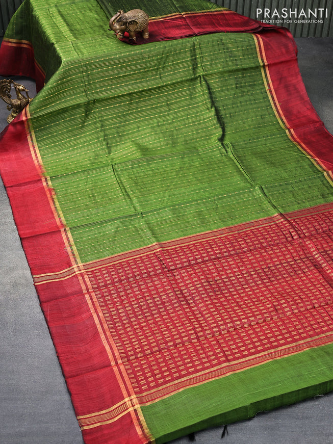 Pure dupion silk saree green and maroon with allover zari weaves and zari woven simple border