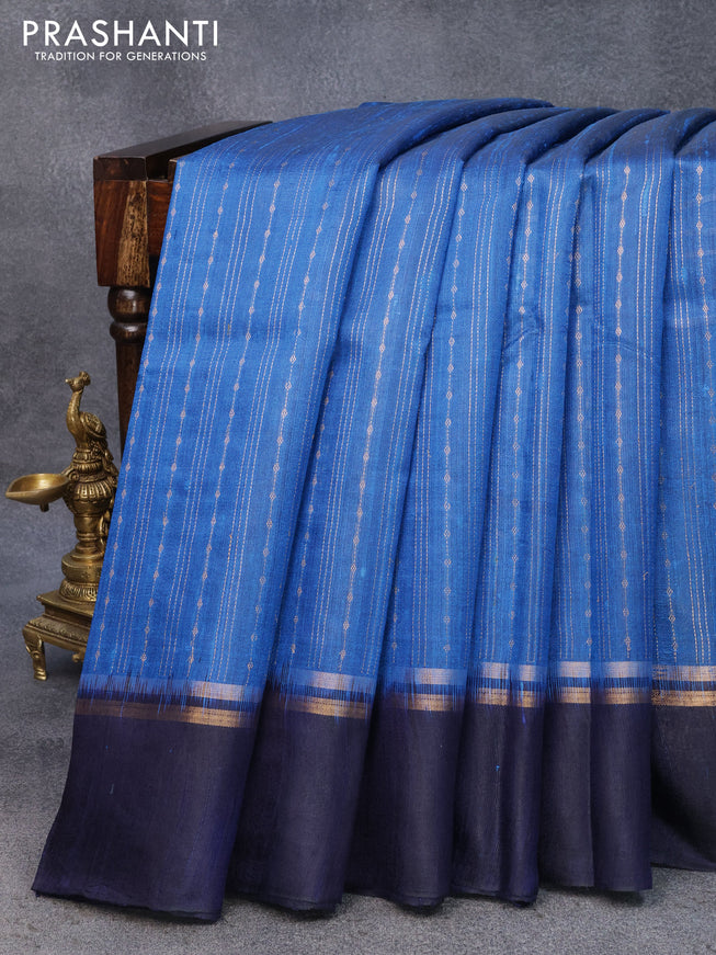 Pure dupion silk saree cs blue and dark blue with allover zari weaves and zari woven simple border
