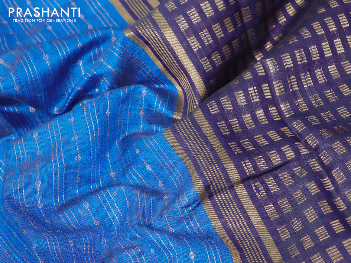 Pure dupion silk saree cs blue and dark blue with allover zari weaves and zari woven simple border