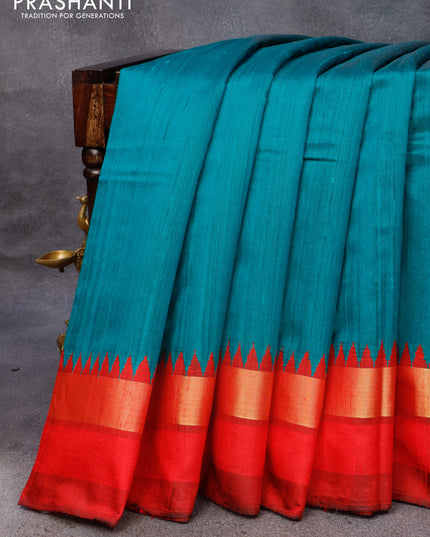 Pure dupion silk saree peacock green and red with plain body and zari woven simple border