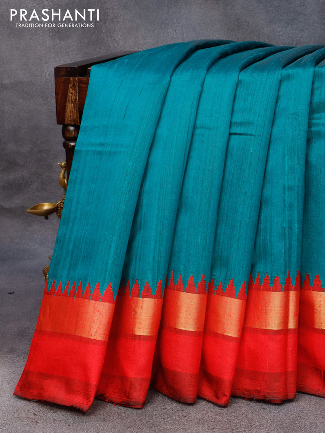 Pure dupion silk saree peacock green and red with plain body and zari woven simple border