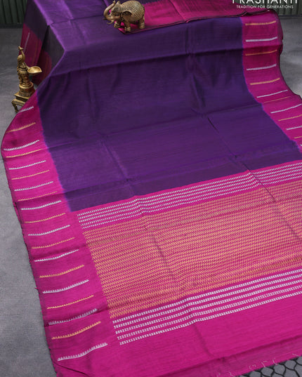 Pure dupion silk saree deep violet and magenta pink with plain body and zari woven border