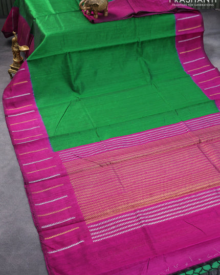 Pure dupion silk saree green and magenta pink with plain body and zari woven border