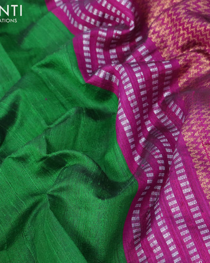 Pure dupion silk saree green and magenta pink with plain body and zari woven border