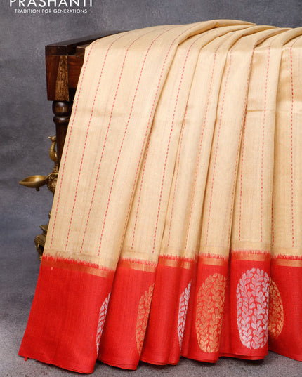 Pure dupion silk saree sandal and red with allover thread weaves and zari woven butta border