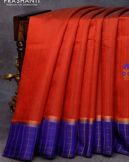 Pure dupion silk saree orange and blue with woven buttas and zari checked border