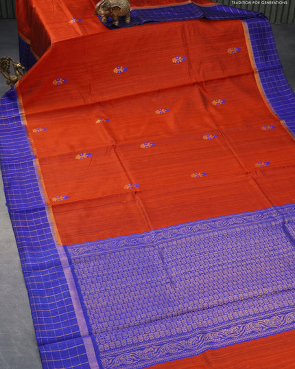 Pure dupion silk saree orange and blue with woven buttas and zari checked border