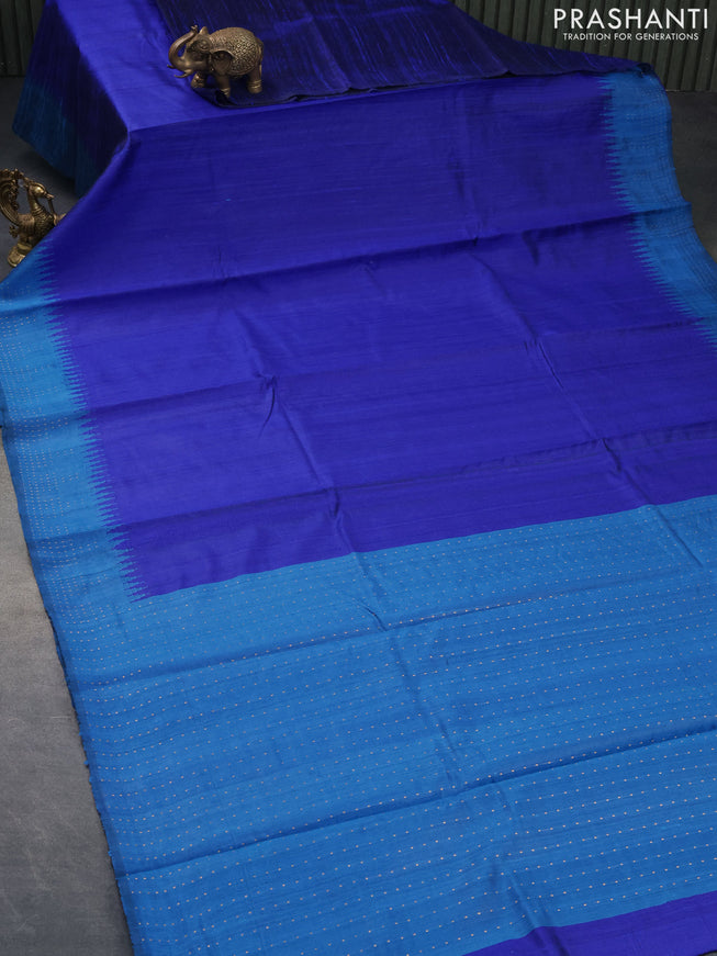 Pure dupion silk saree royal blue and cs blue with plain body and temple woven simple border