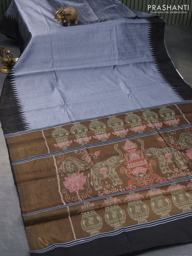 Pure dupion silk saree grey and black with plain body and temple woven simple border
