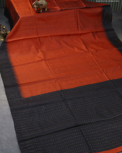 Pure dupion silk saree orange and black with plain body and temple woven simple border