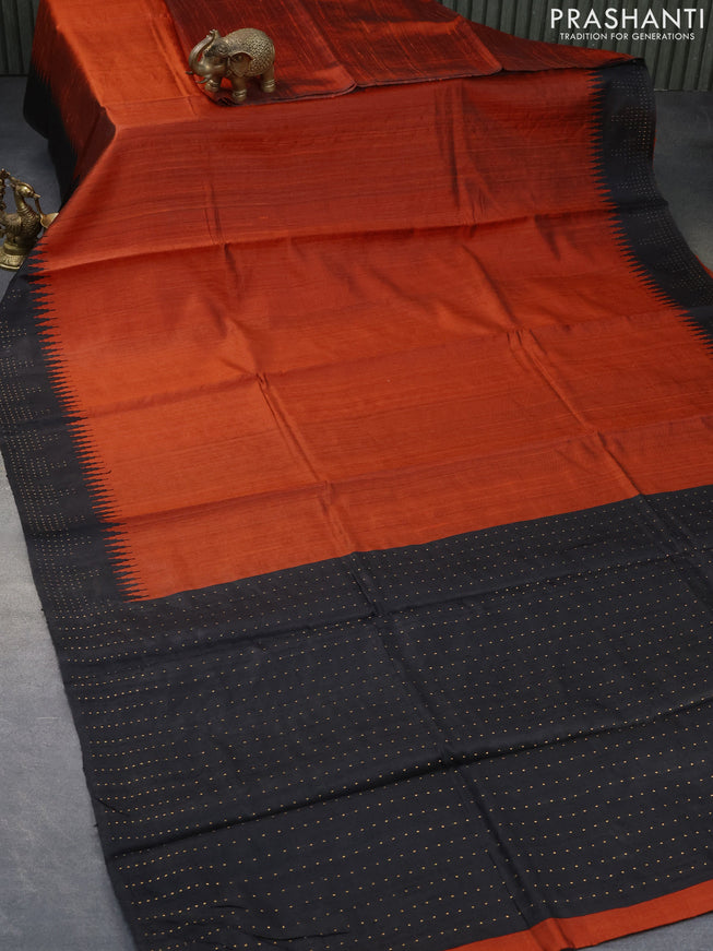 Pure dupion silk saree orange and black with plain body and temple woven simple border