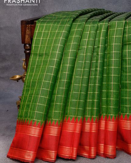 Pure dupion silk saree light green and red with allover checked pattern and temple design rettapet zari woven border