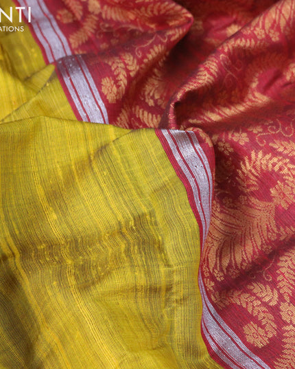 Pure dupion silk saree lime yellow and maroon with thread woven buttas and zari woven border