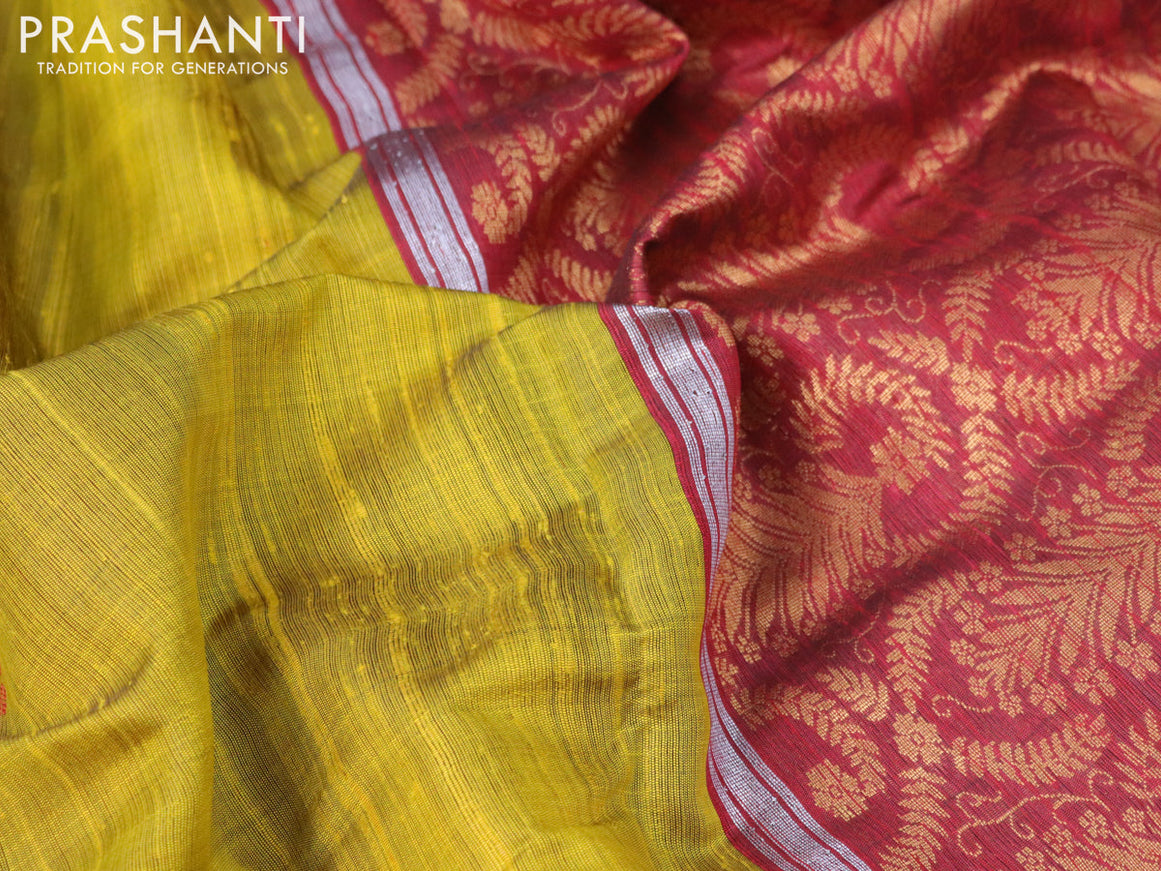 Pure dupion silk saree lime yellow and maroon with thread woven buttas and zari woven border
