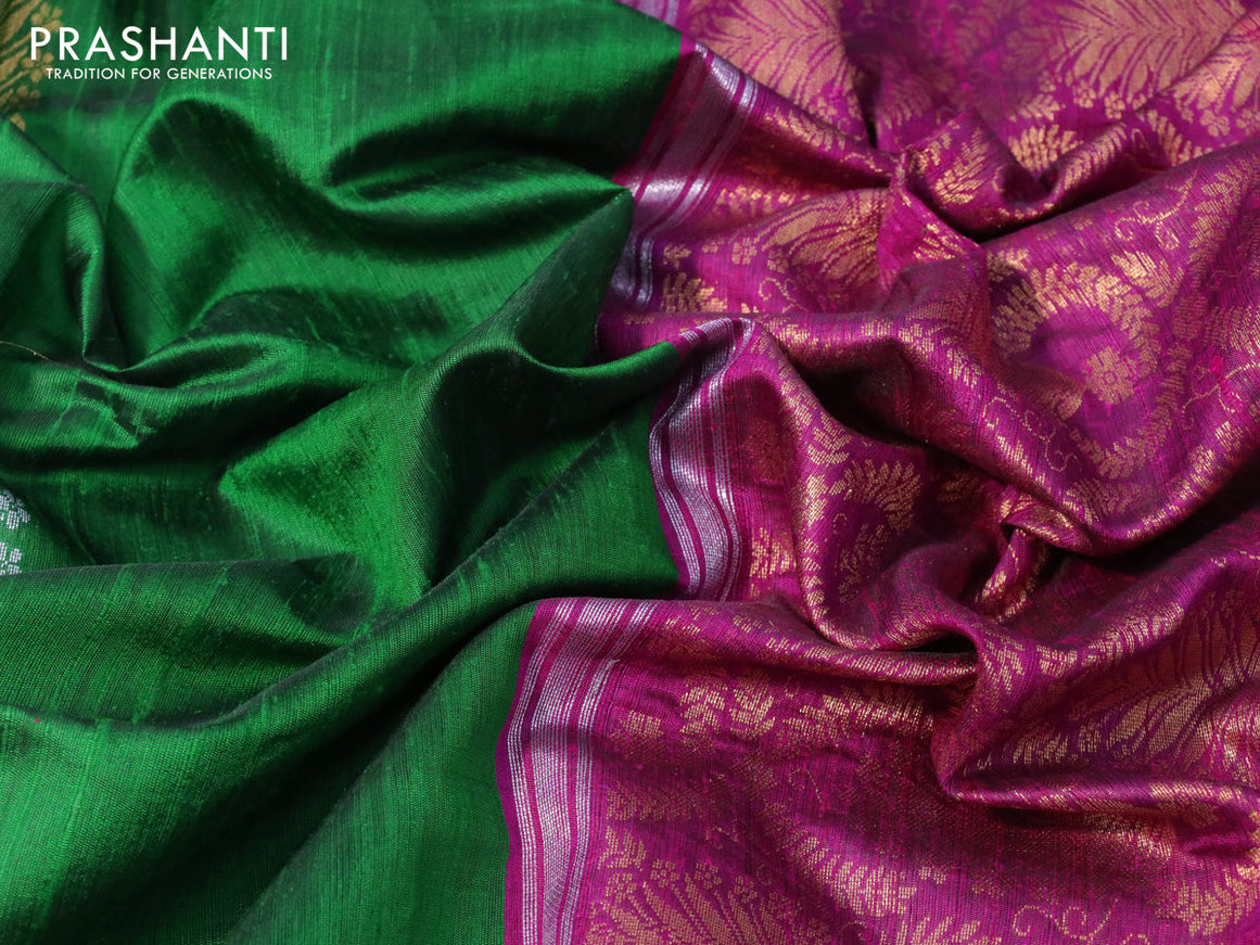 Pure dupion silk saree green and magenta pink with silver & gold zari woven buttas and zari woven border