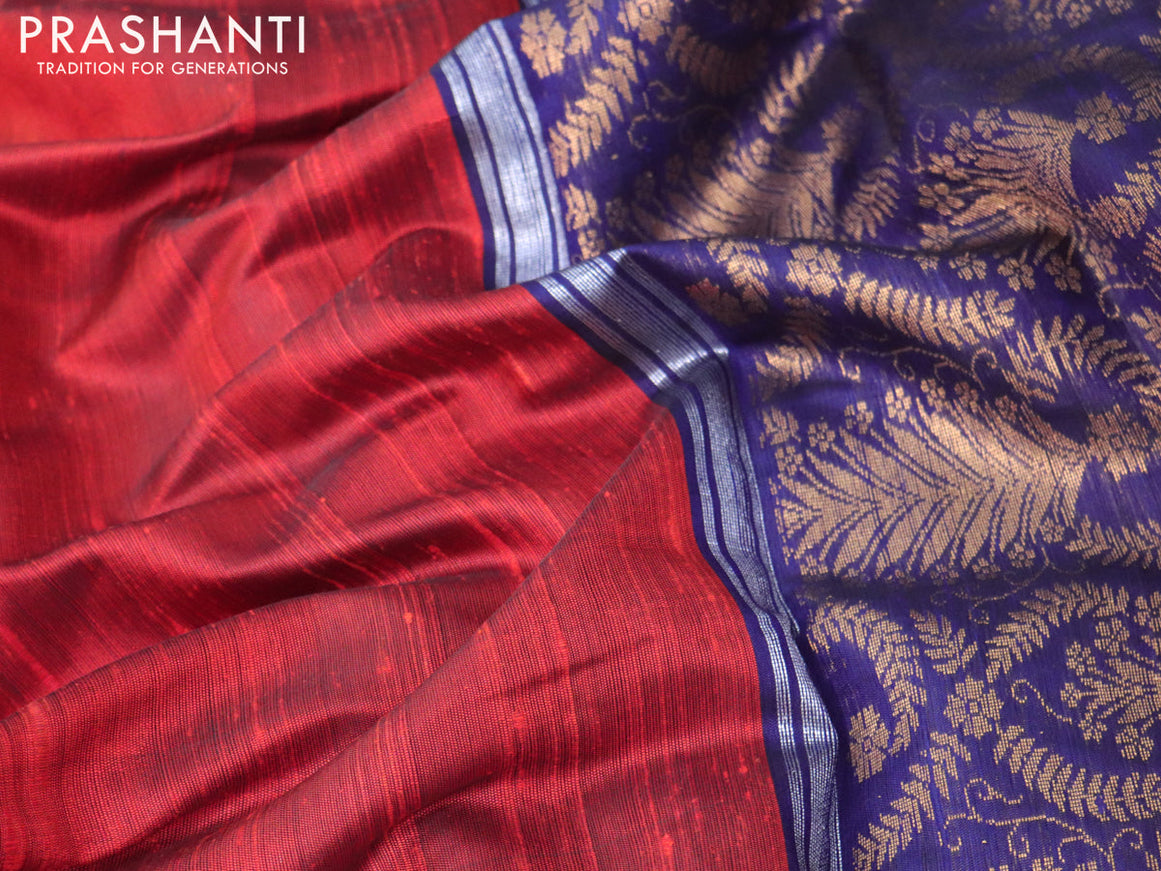 Pure dupion silk saree orange and blue with silver & gold zari woven buttas and silver zari woven border