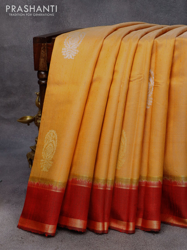 Pure dupion silk saree yellow and maroon with zari woven buttas and rettapet zari woven border