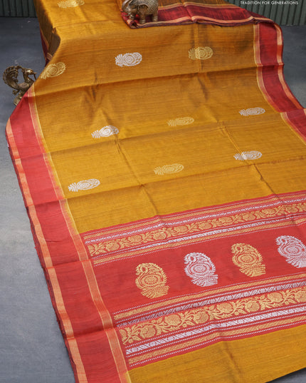 Pure dupion silk saree mustard yellow and maroon with zari woven buttas and rettapet zari woven border