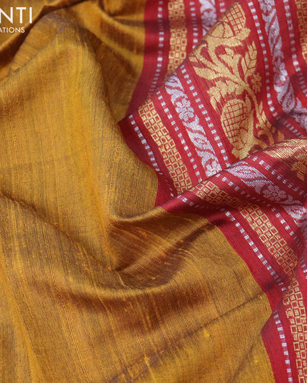 Pure dupion silk saree mustard yellow and maroon with zari woven buttas and rettapet zari woven border