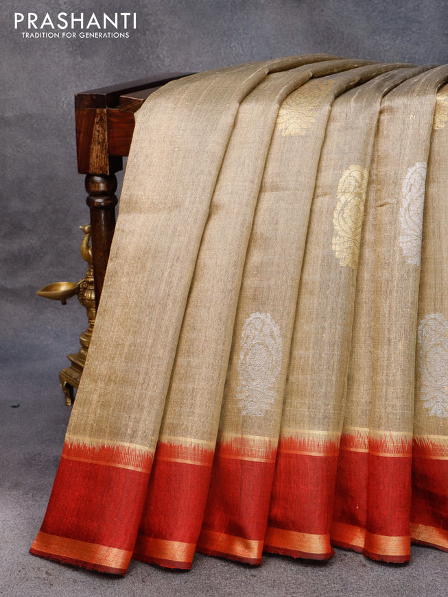 Pure dupion silk saree beige and maroon with zari woven buttas and rettapet zari woven border