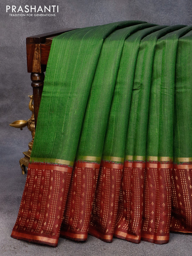 Pure dupion silk saree green and deep maroon with plain body and long zari woven border