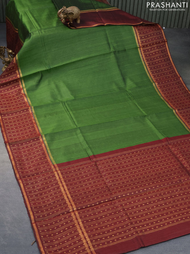 Pure dupion silk saree green and deep maroon with plain body and long zari woven border