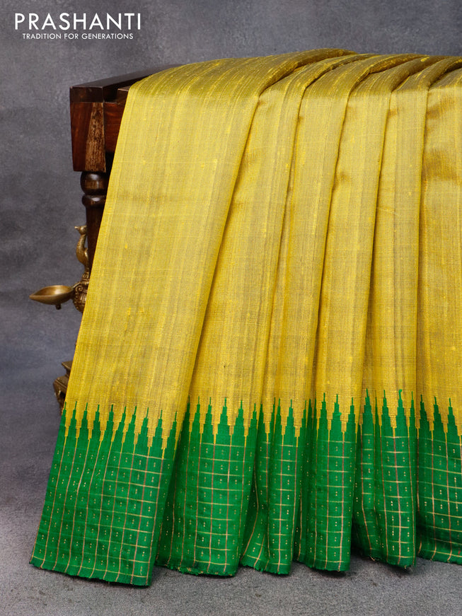 Pure dupion silk saree lime yellow and green with plain body and temple design zari checked border