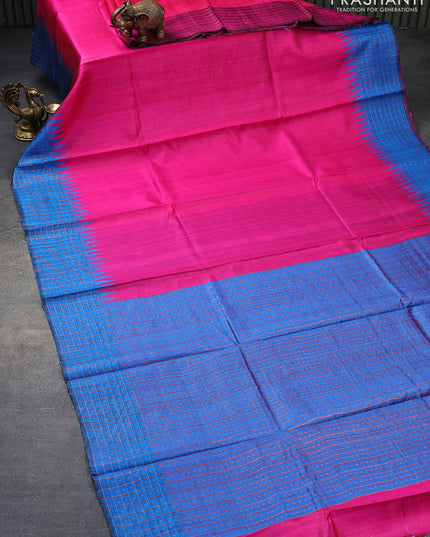 Pure dupion silk saree pink and cs blue with plain body and temple design zari checked border