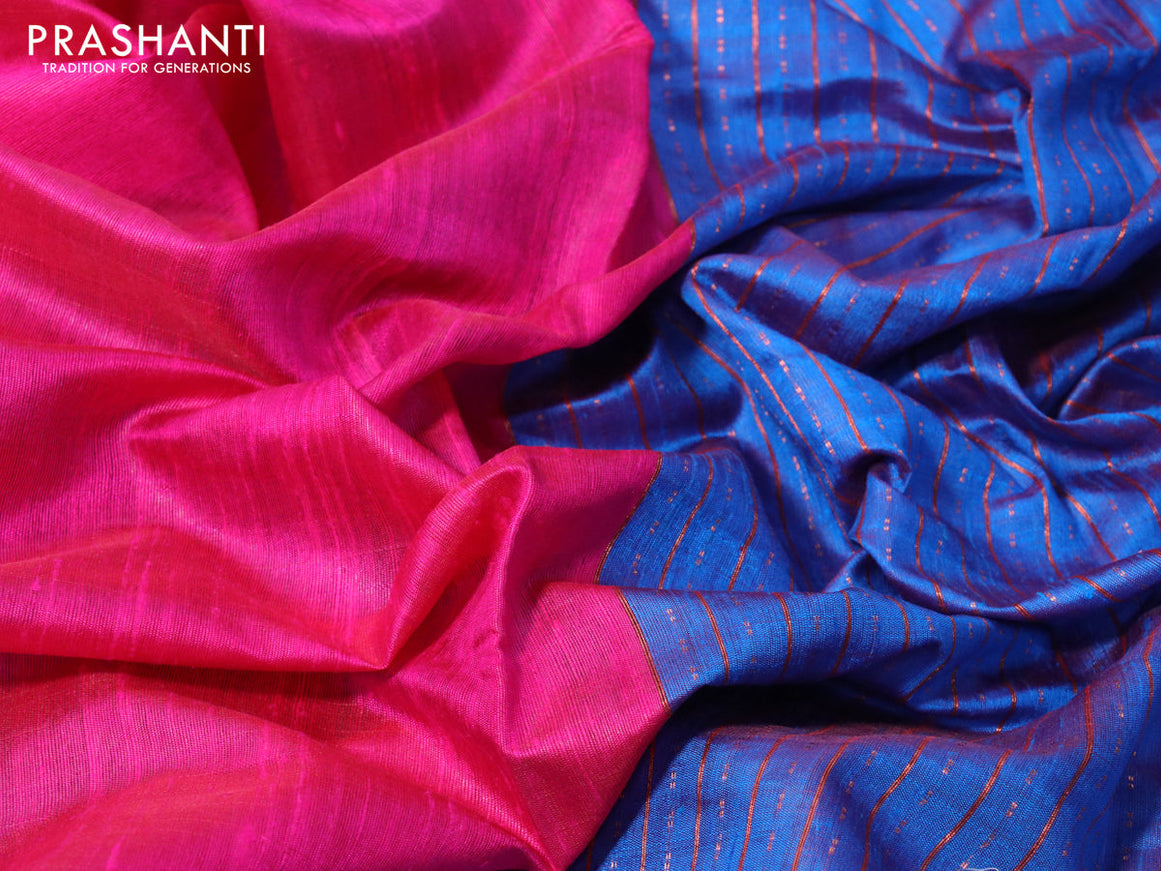 Pure dupion silk saree pink and cs blue with plain body and temple design zari checked border
