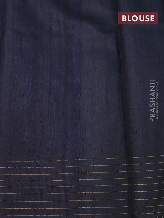 Pure dupion silk saree cs blue and black with plain body and temple design zari checked border