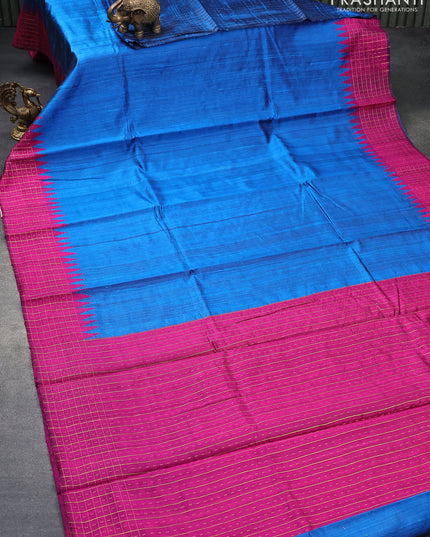 Pure dupion silk saree cs blue and magenta pink with plain body and temple design zari checked border