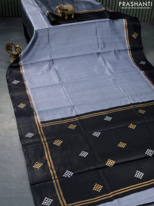 Pure dupion silk saree grey and black with plain body and zari woven butta border