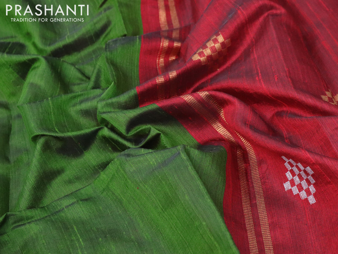 Pure dupion silk saree green and maroon with plain body and zari woven butta border
