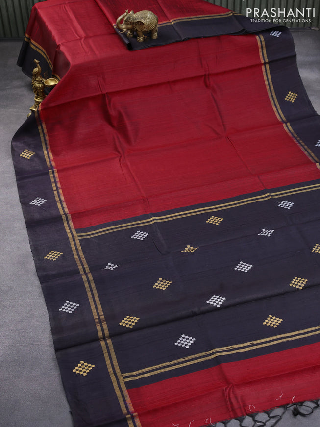 Pure dupion silk saree red and dark navy blue with plain body and zari woven butta border