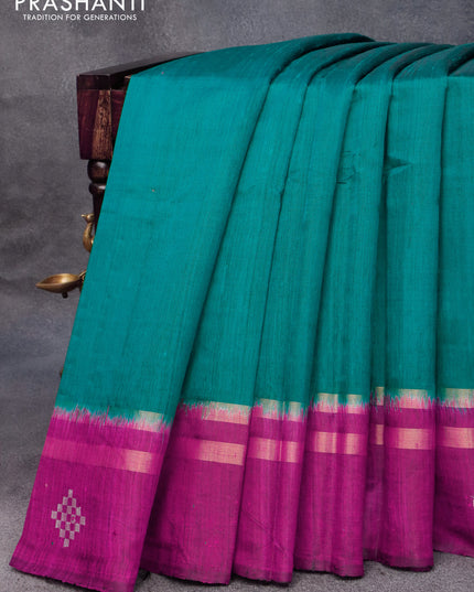 Pure dupion silk saree peacock green and magenta pink with plain body and zari woven butta border