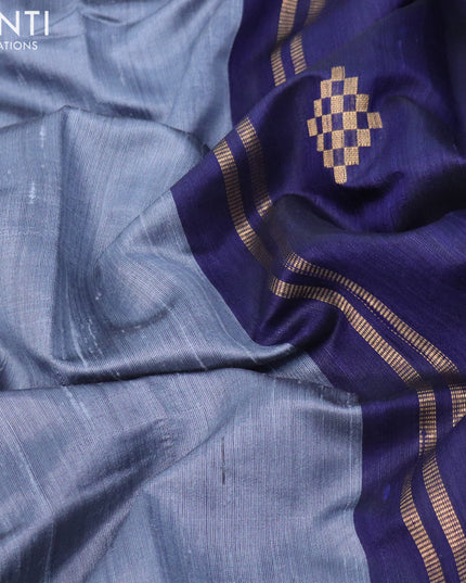 Pure dupion silk saree grey and blue with plain body and zari woven butta border