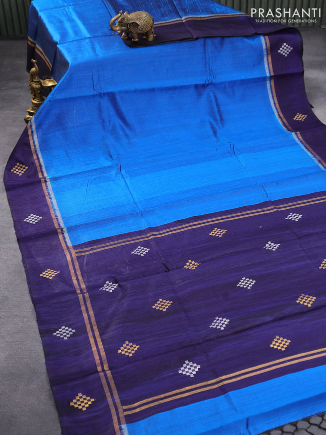 Pure dupion silk saree cs blue and blue with plain body and zari woven butta border