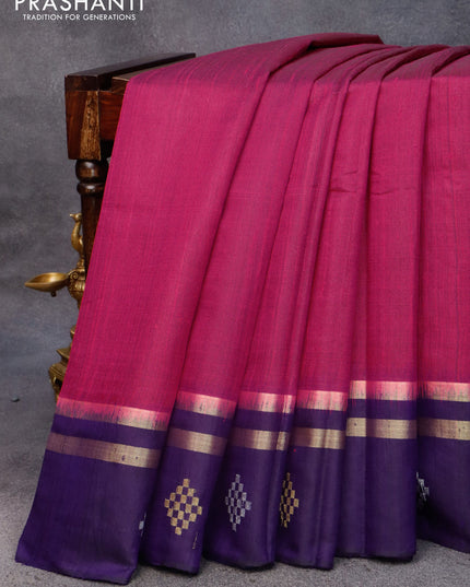 Pure dupion silk saree magenta pink and deep violet with plain body and zari woven butta border