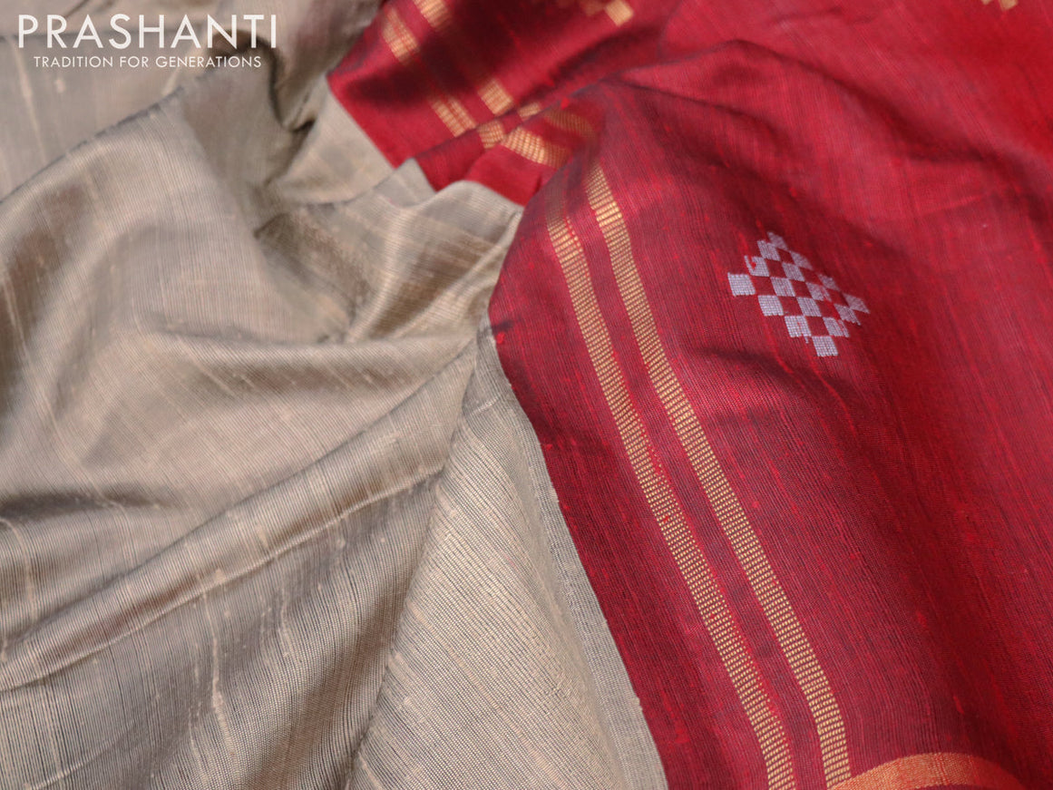 Pure dupion silk saree grey shade and maroon with plain body and zari woven butta border