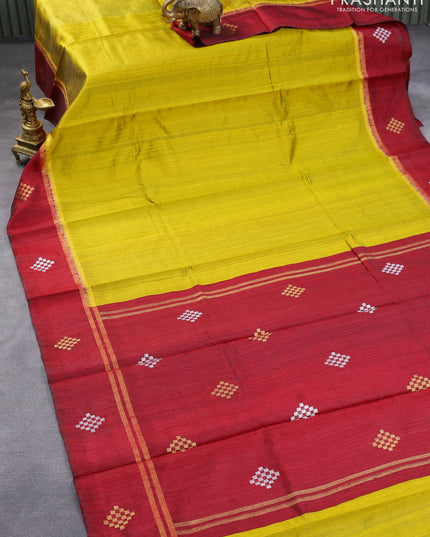 Pure dupion silk saree lime yellow and maroon with plain body and zari woven butta border