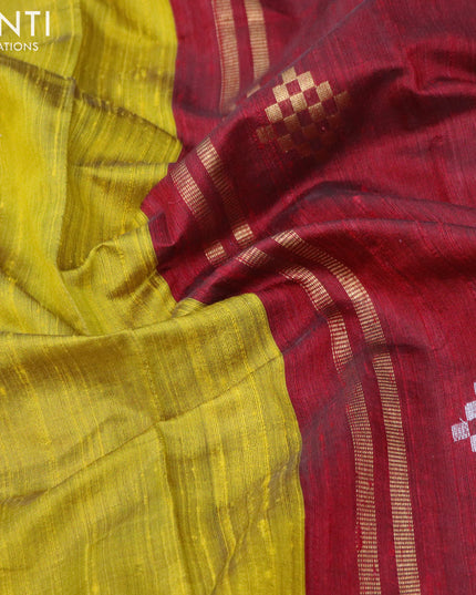 Pure dupion silk saree lime yellow and maroon with plain body and zari woven butta border