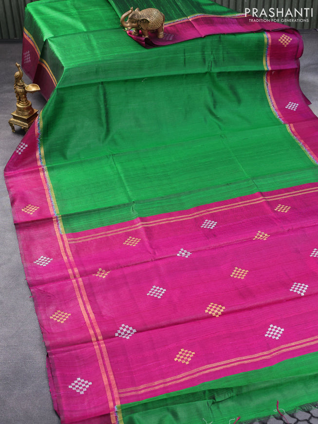 Pure dupion silk saree green and magenta pink with plain body and zari woven butta border