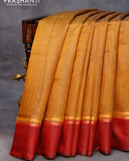 Pure dupion silk saree mustard shade and maroon with plain body and zari woven butta border