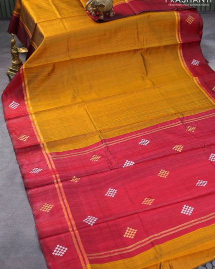 Pure dupion silk saree mustard shade and maroon with plain body and zari woven butta border