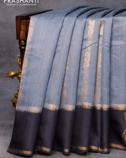 Pure dupion silk saree grey and elephant grey with zari weaves and zari woven butta border
